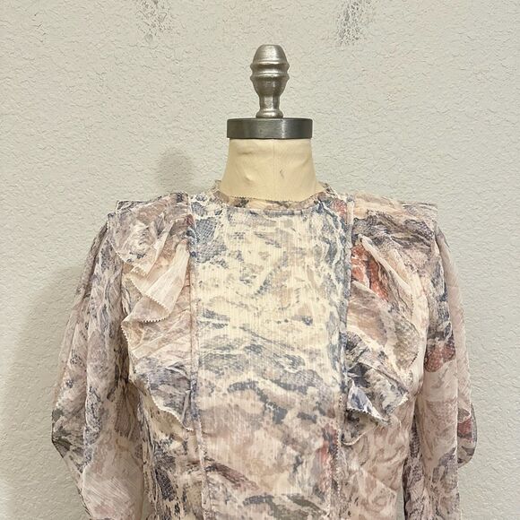 KARLIE Sheer Snakeskin Print Ruffled Blouse Batwing/Flutter Sleeve in Cream - Picture 2 of 12